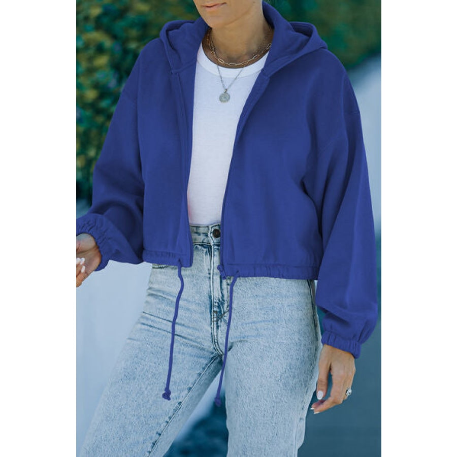 Drawstring Zip Up Hooded Jacket Apparel and Accessories