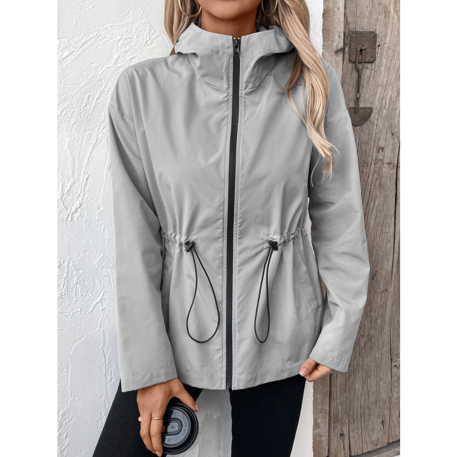 Drawstring Zip Up Hooded Jacket Apparel and Accessories