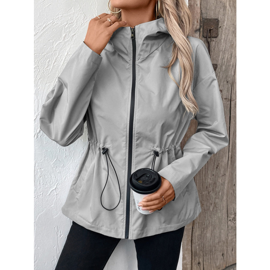 Drawstring Zip Up Hooded Jacket Apparel and Accessories