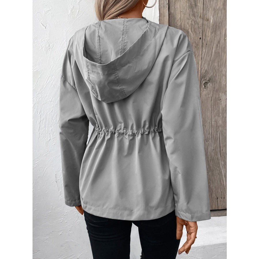 Drawstring Zip Up Hooded Jacket Gray / S Apparel and Accessories