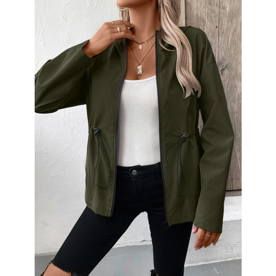 Drawstring Zip Up Hooded Jacket Apparel and Accessories