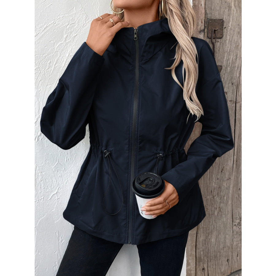 Drawstring Zip Up Hooded Jacket Apparel and Accessories