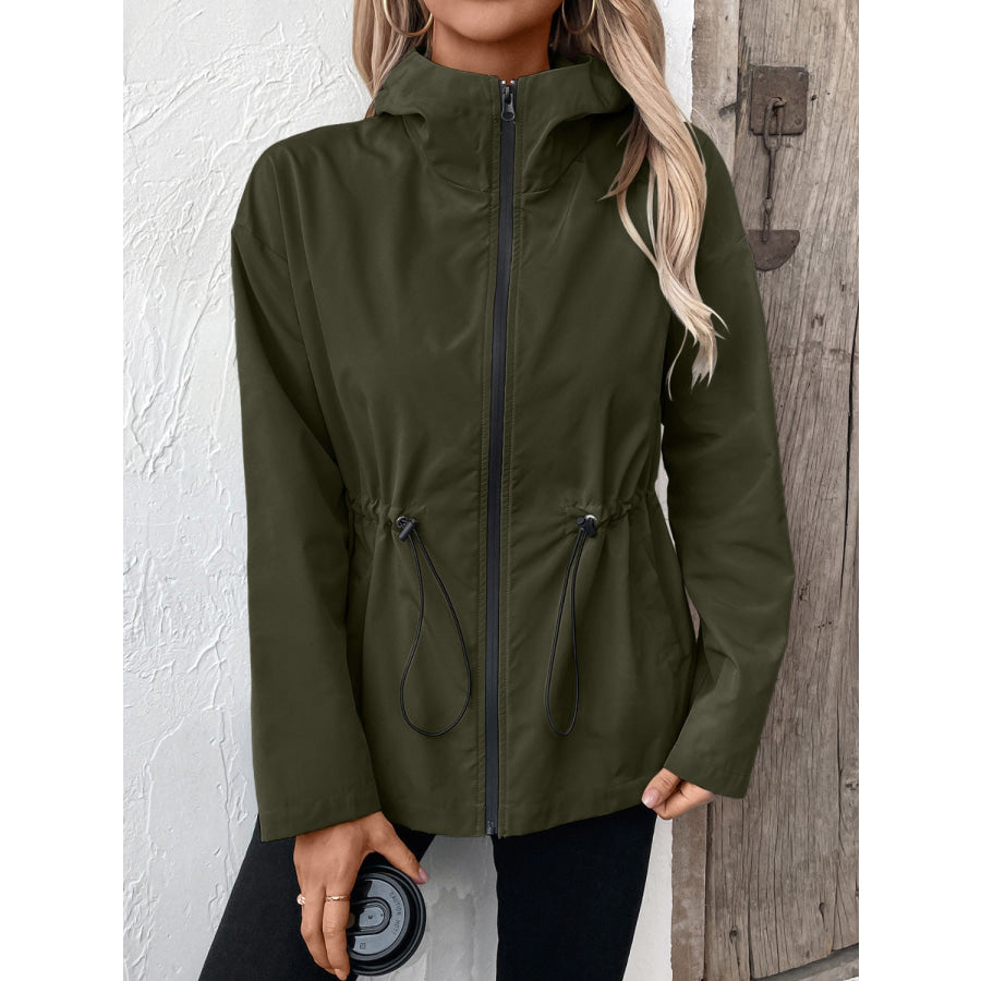 Drawstring Zip Up Hooded Jacket Apparel and Accessories