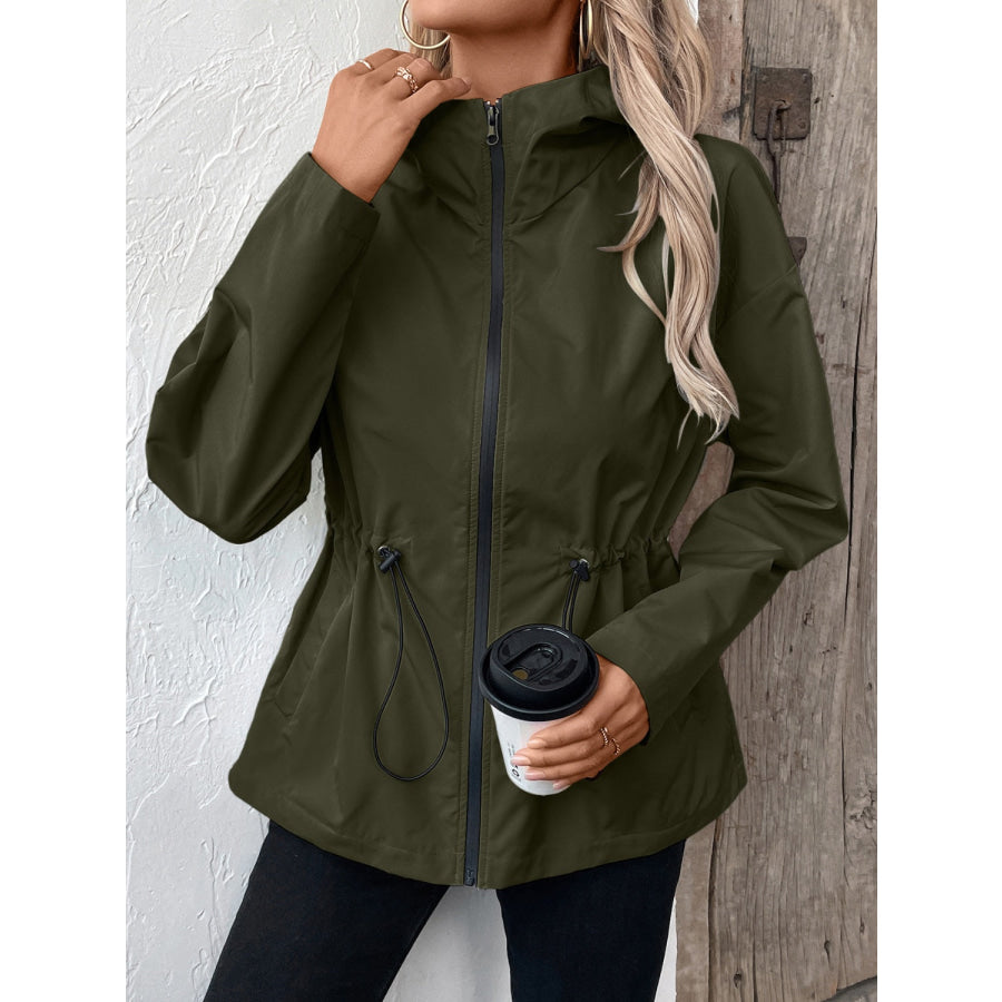 Drawstring Zip Up Hooded Jacket Apparel and Accessories