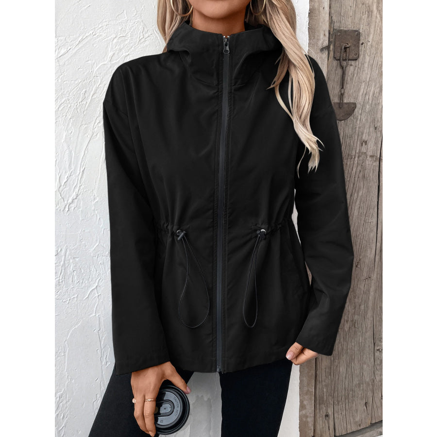 Drawstring Zip Up Hooded Jacket Apparel and Accessories