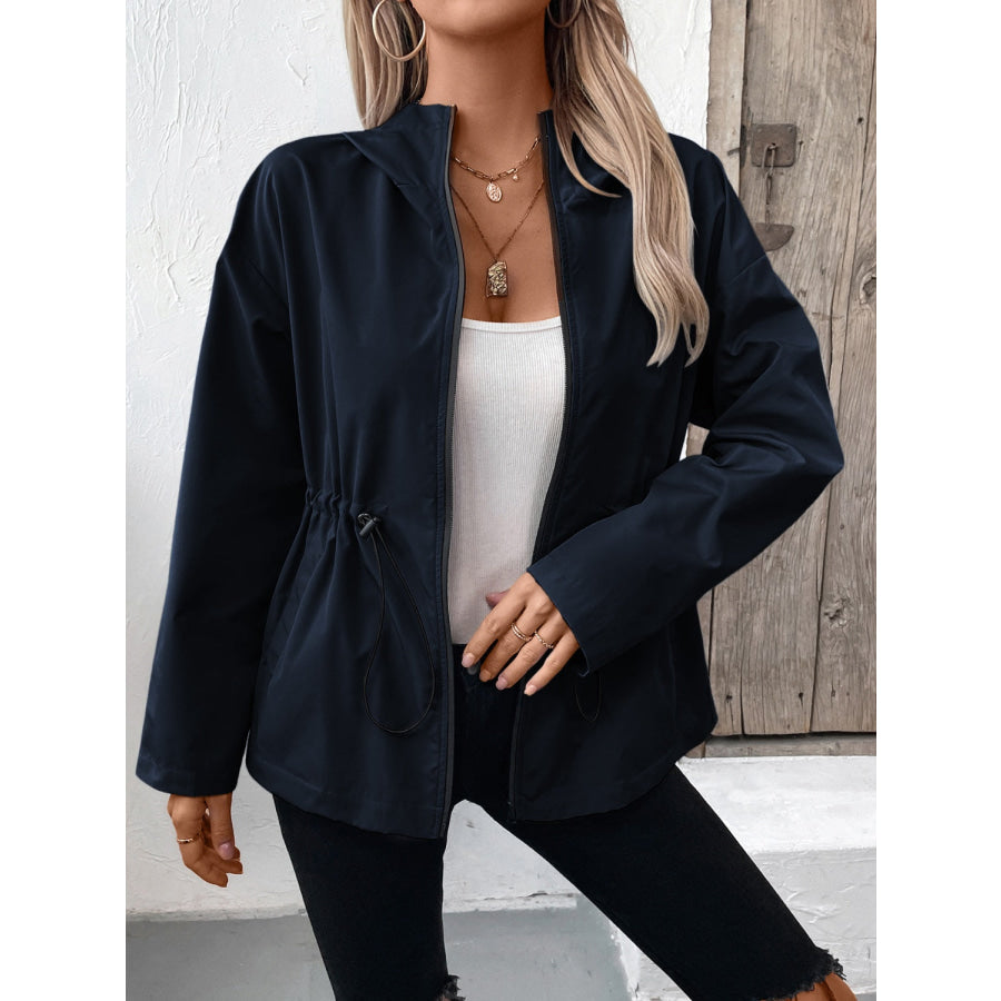 Drawstring Zip Up Hooded Jacket Apparel and Accessories