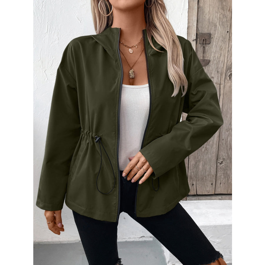 Drawstring Zip Up Hooded Jacket Army Green / S Apparel and Accessories