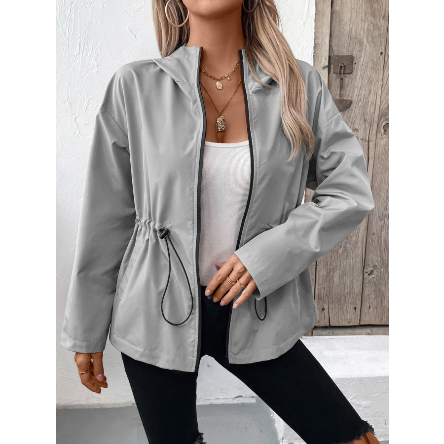 Drawstring Zip Up Hooded Jacket Gray / S Apparel and Accessories