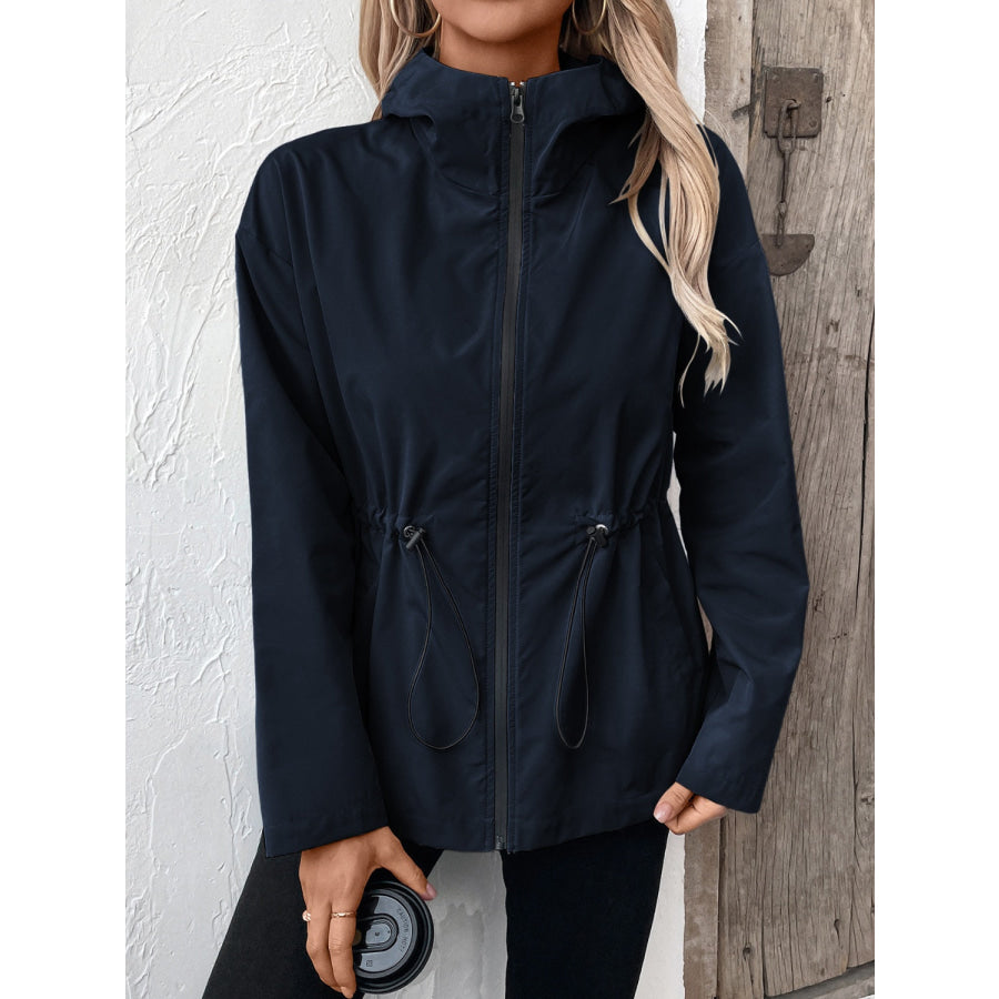 Drawstring Zip Up Hooded Jacket Navy / S Apparel and Accessories