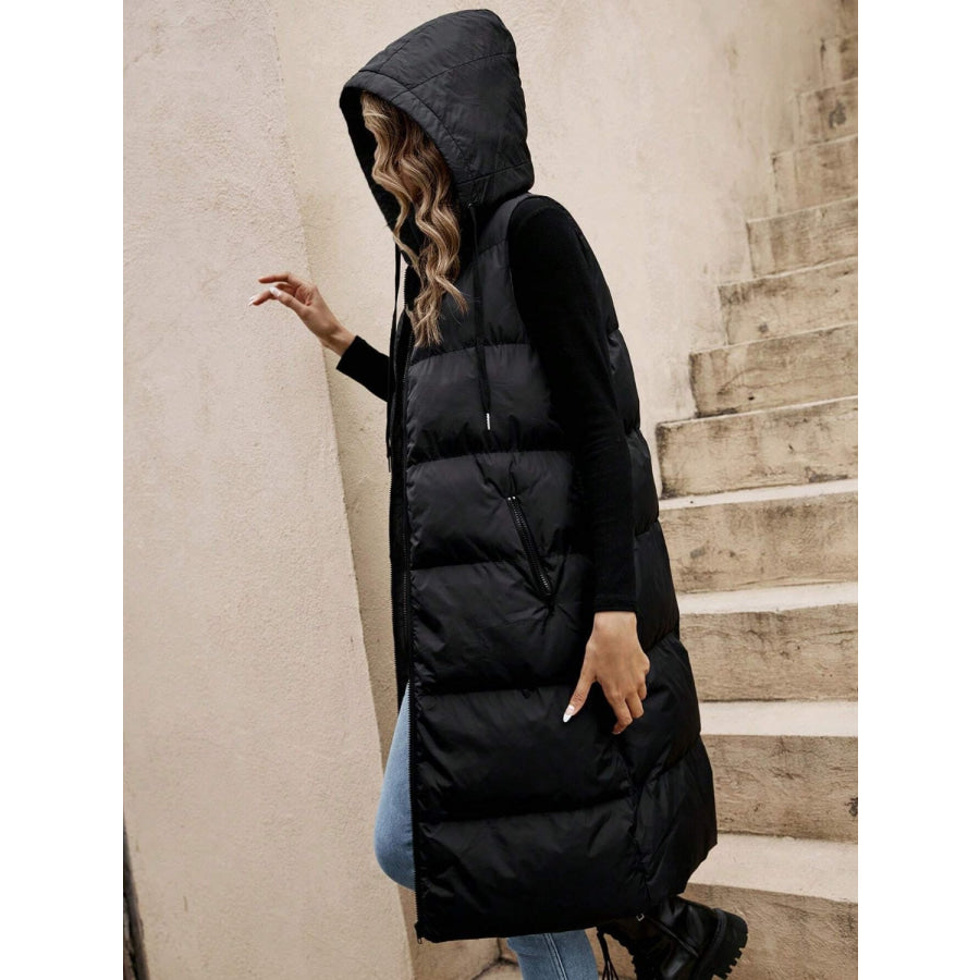 Drawstring Zip Up Hooded Longline Vest Coat Apparel and Accessories