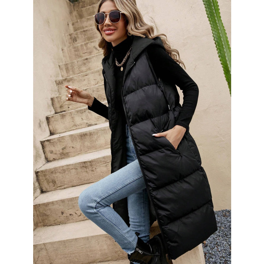 Drawstring Zip Up Hooded Longline Vest Coat Apparel and Accessories