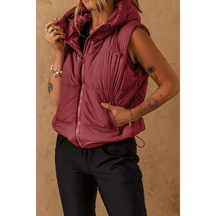 Drawstring Zip Up Hooded Vest Coat Apparel and Accessories