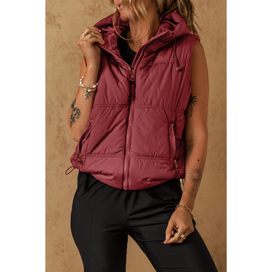 Drawstring Zip Up Hooded Vest Coat Apparel and Accessories