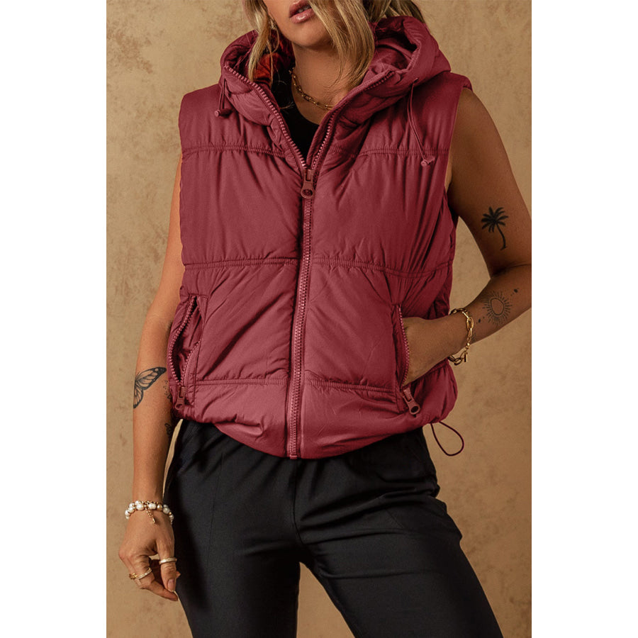 Drawstring Zip Up Hooded Vest Coat Apparel and Accessories