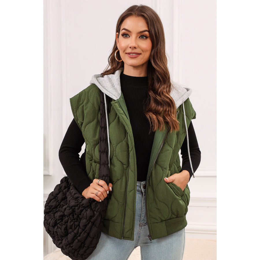 Drawstring Zip Up Hooded Vest Coat Moss / S Apparel and Accessories