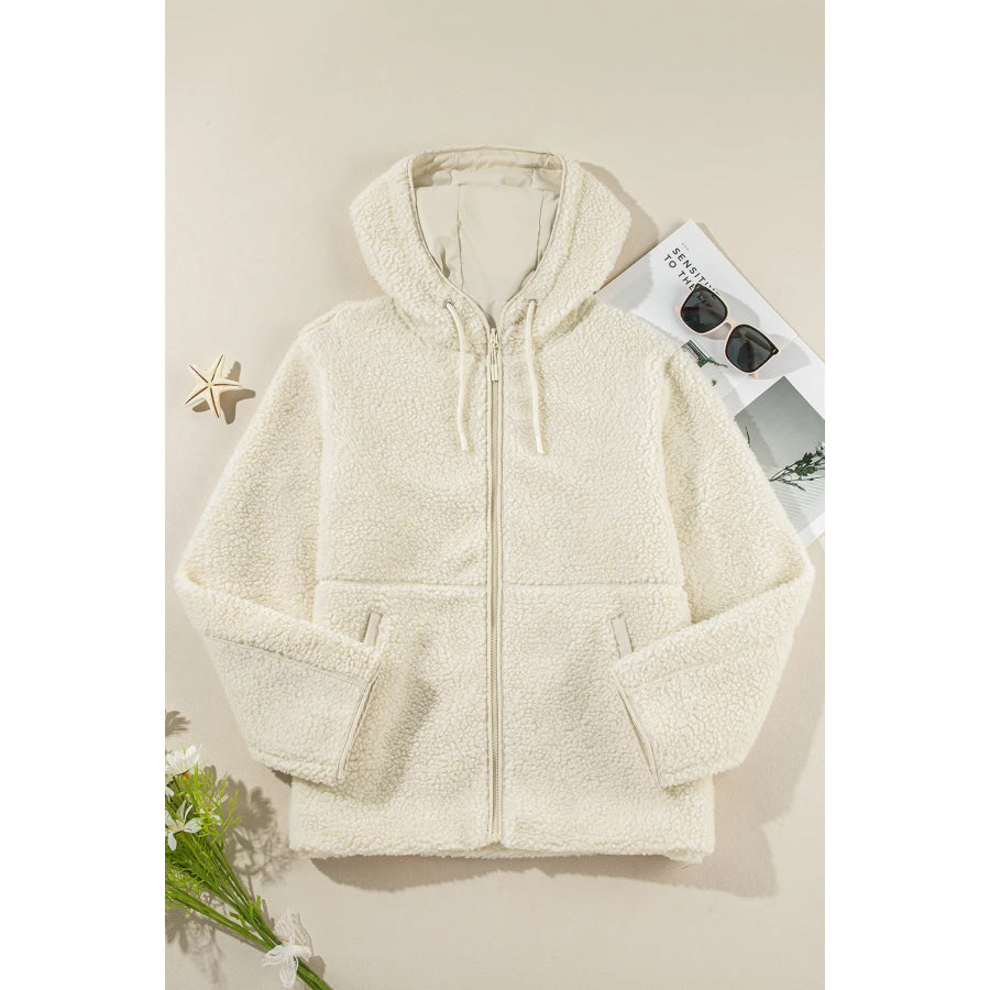 Drawstring Zip Up Long Sleeve Hooded Jacket Apparel and Accessories