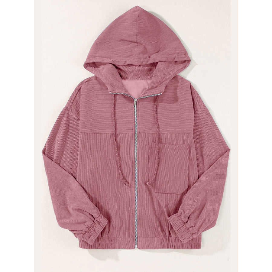 Drawstring Zip Up Long Sleeve Hooded Jacket Apparel and Accessories