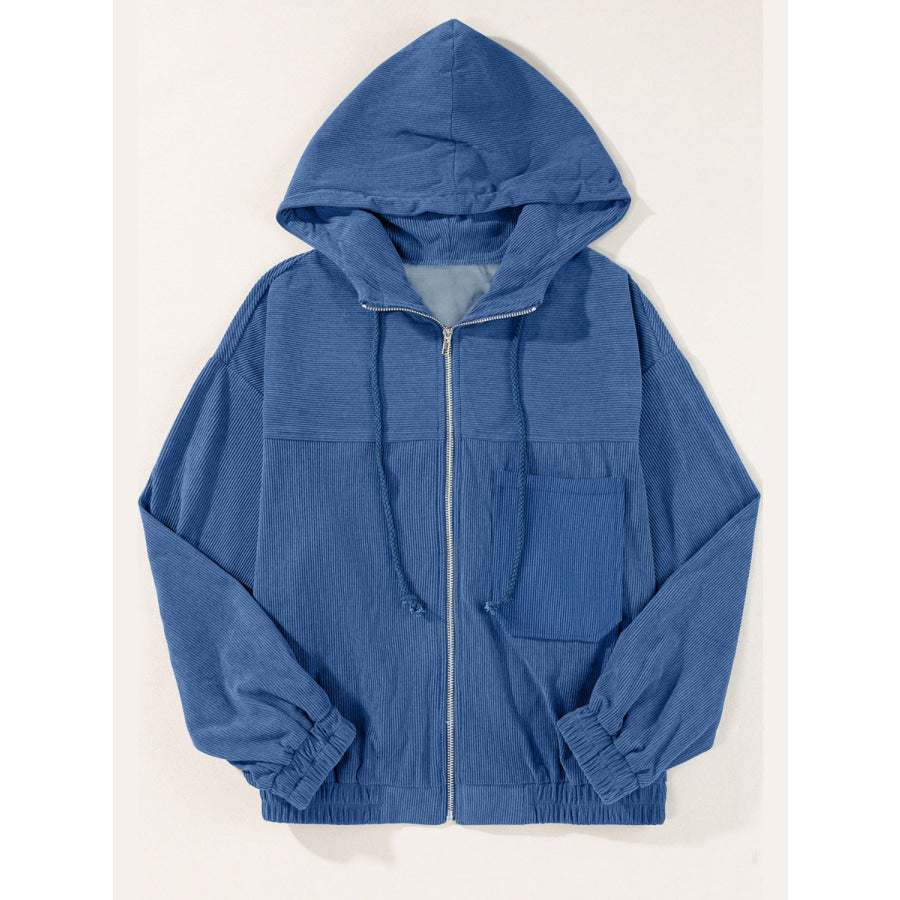 Drawstring Zip Up Long Sleeve Hooded Jacket Apparel and Accessories