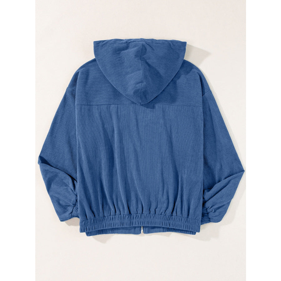 Drawstring Zip Up Long Sleeve Hooded Jacket Apparel and Accessories