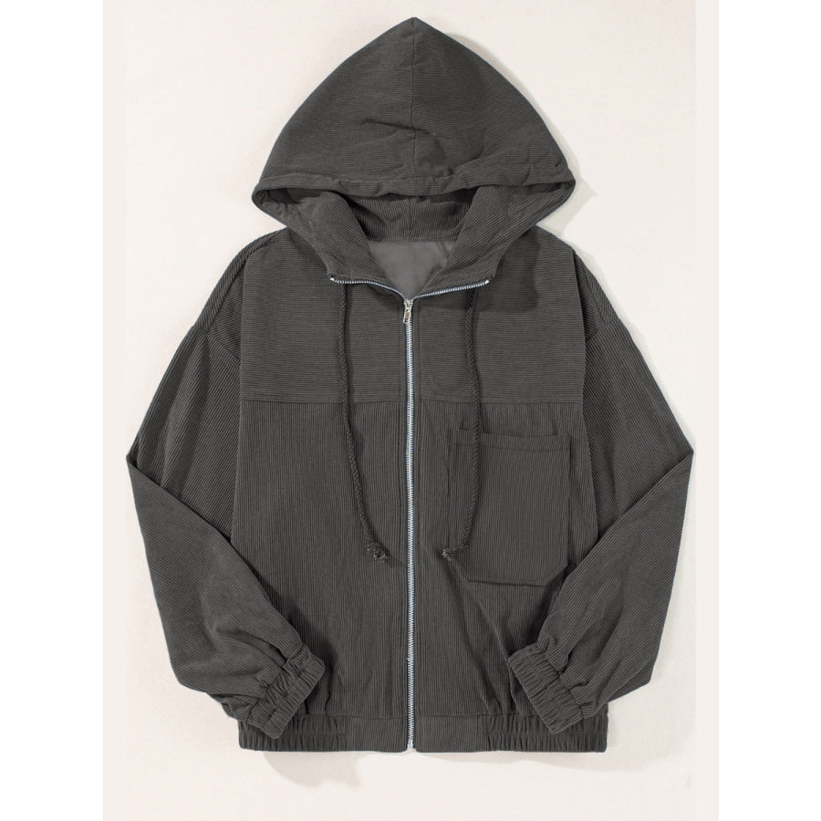 Drawstring Zip Up Long Sleeve Hooded Jacket Apparel and Accessories