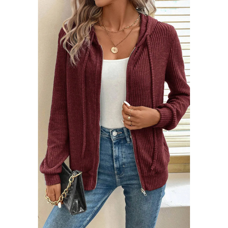 Drawstring Zip Up Long Sleeve Hooded Jacket Burgundy / S Apparel and Accessories