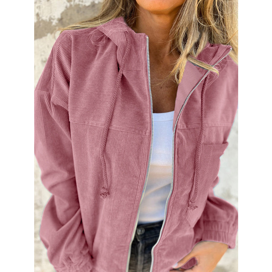 Drawstring Zip Up Long Sleeve Hooded Jacket Dusty Pink / S Apparel and Accessories