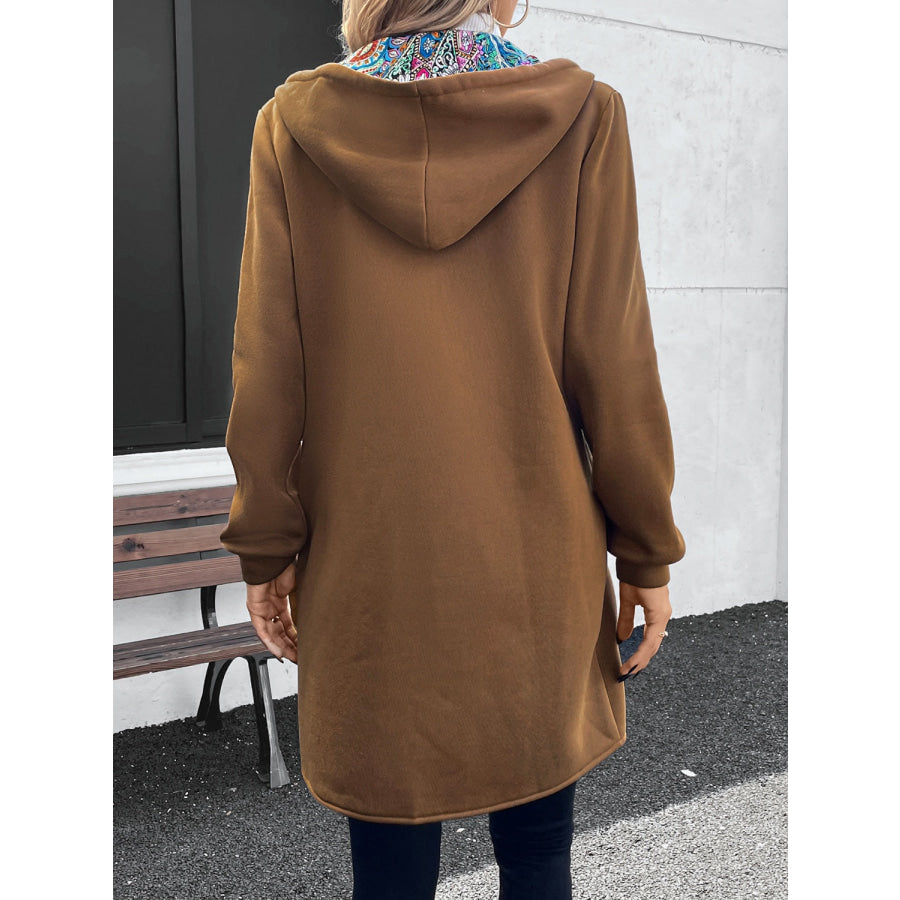 Drawstring Zip Up Long Sleeve Hooded Outerwear Caramel / S Apparel and Accessories