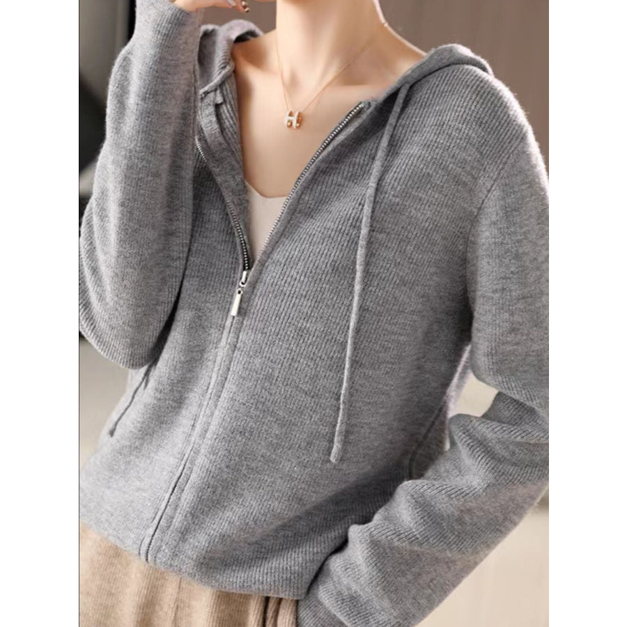 Drawstring Zip Up Long Sleeve Hooded Sweater Apparel and Accessories