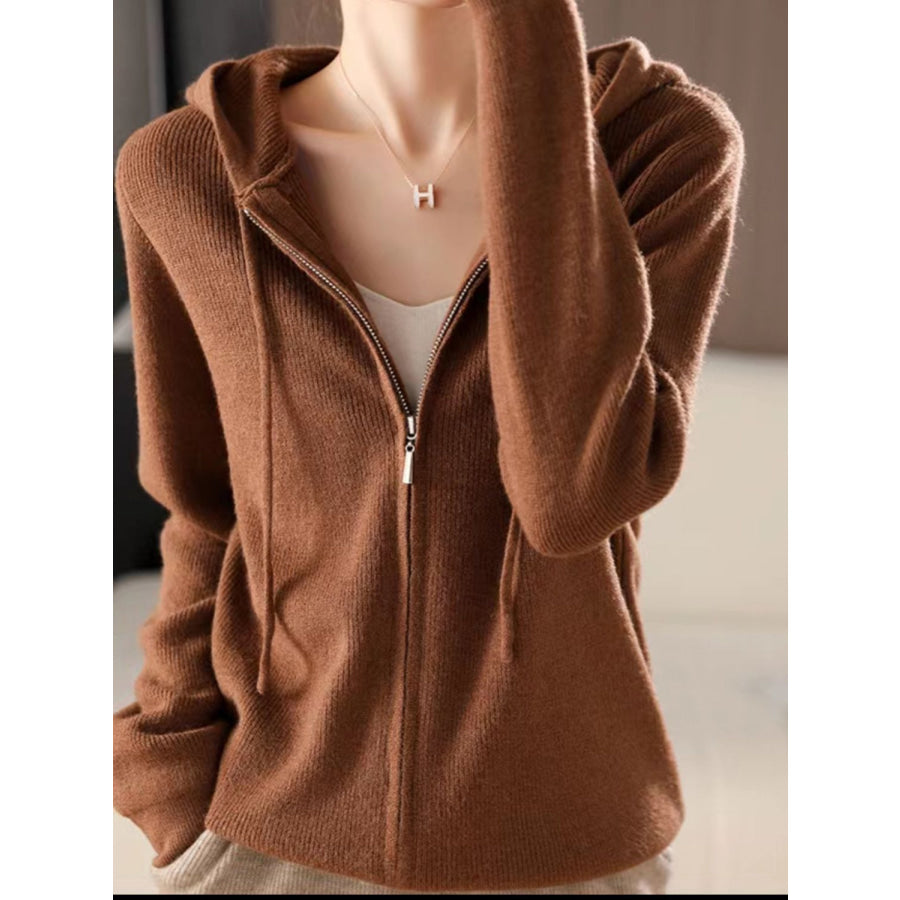 Drawstring Zip Up Long Sleeve Hooded Sweater Apparel and Accessories