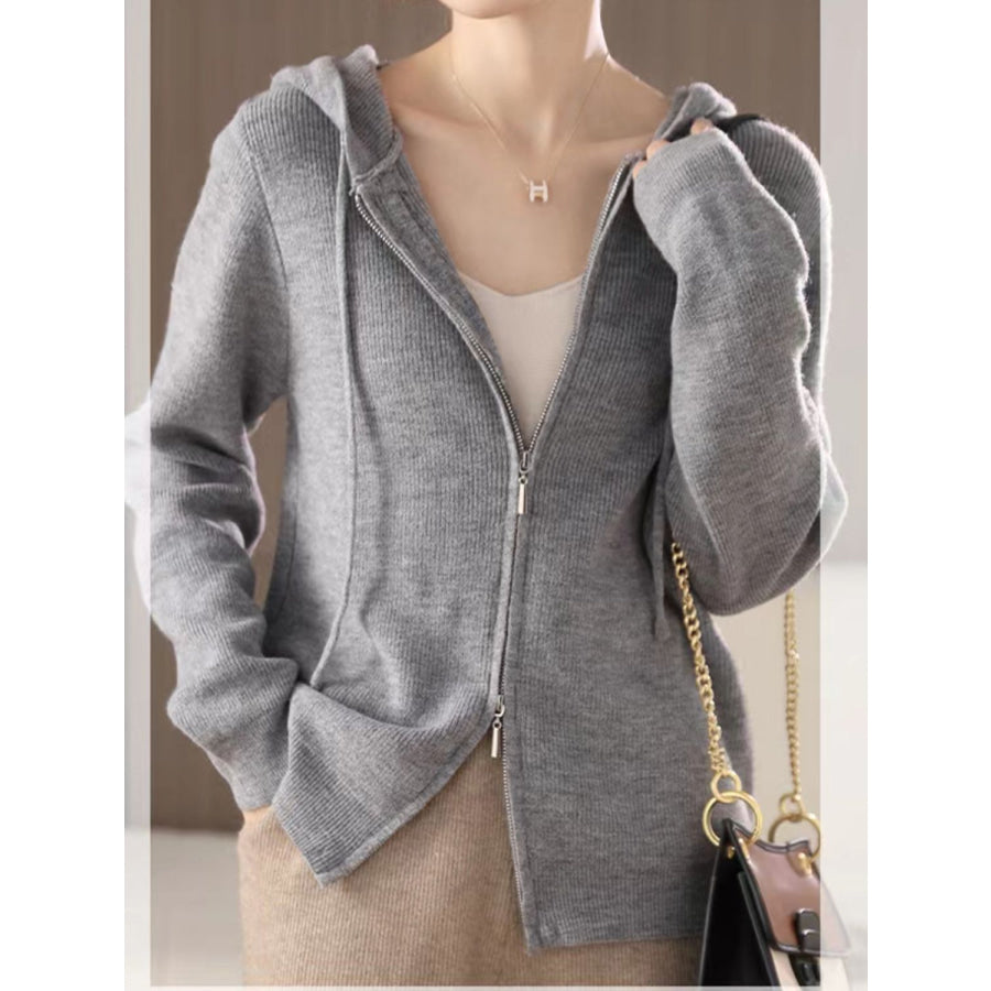 Drawstring Zip Up Long Sleeve Hooded Sweater Apparel and Accessories