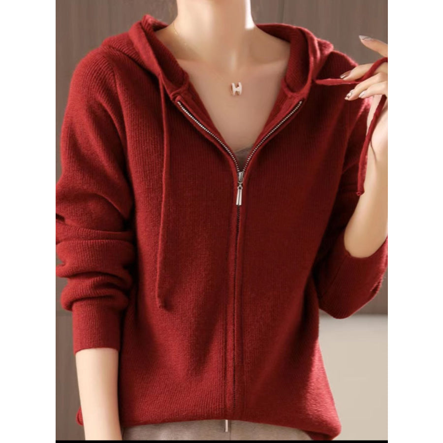 Drawstring Zip Up Long Sleeve Hooded Sweater Apparel and Accessories