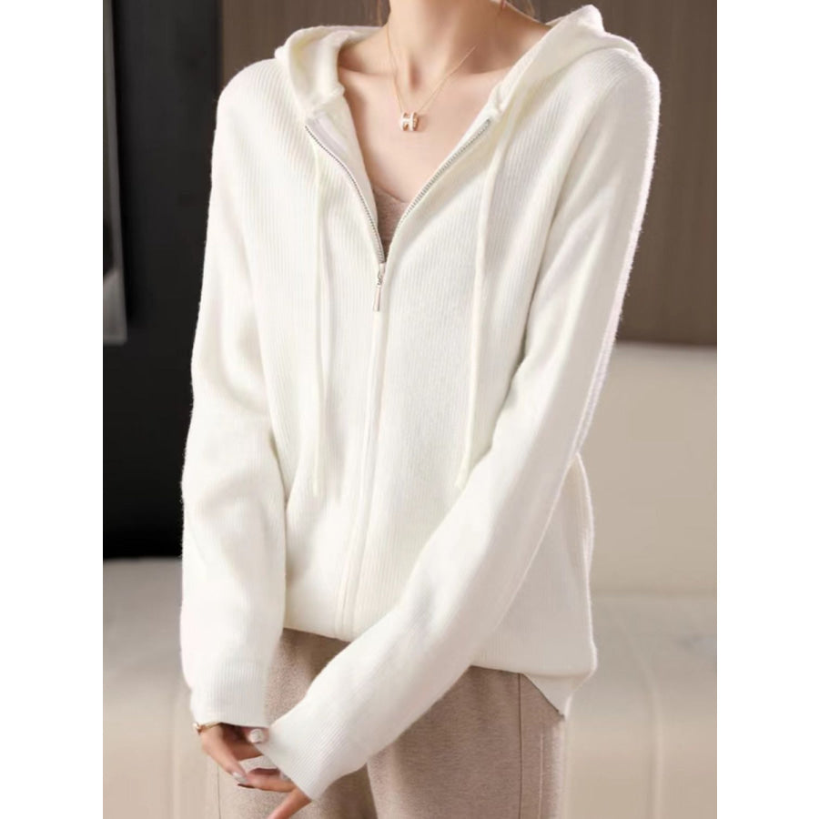 Drawstring Zip Up Long Sleeve Hooded Sweater Apparel and Accessories