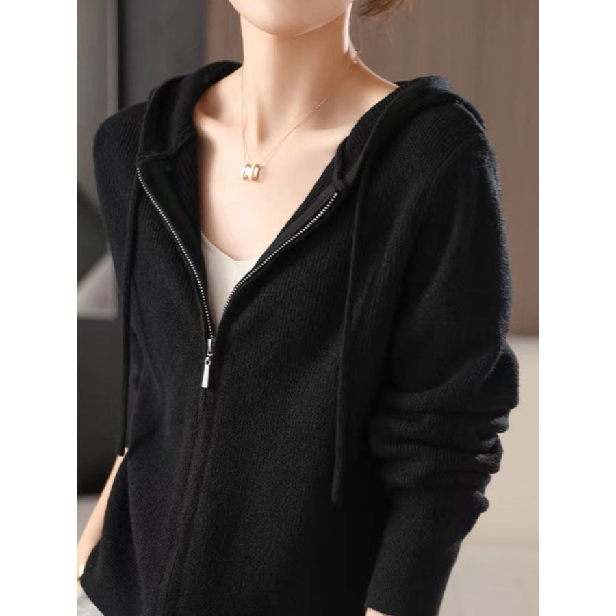 Drawstring Zip Up Long Sleeve Hooded Sweater Apparel and Accessories