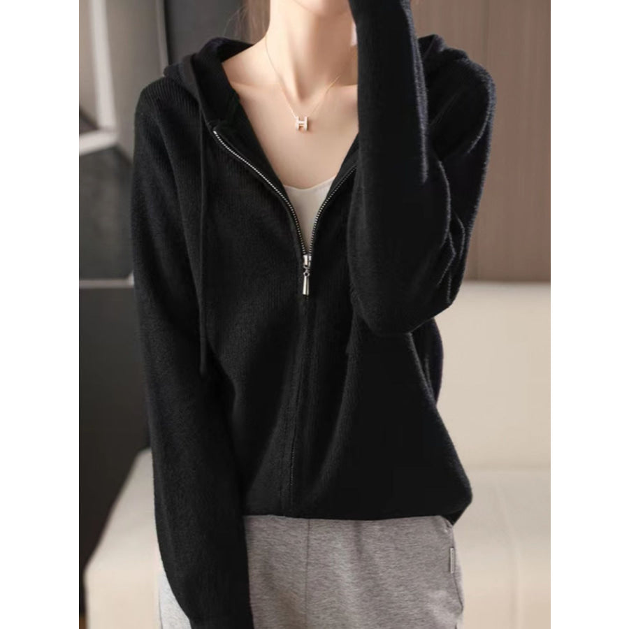 Drawstring Zip Up Long Sleeve Hooded Sweater Black / One Size Apparel and Accessories