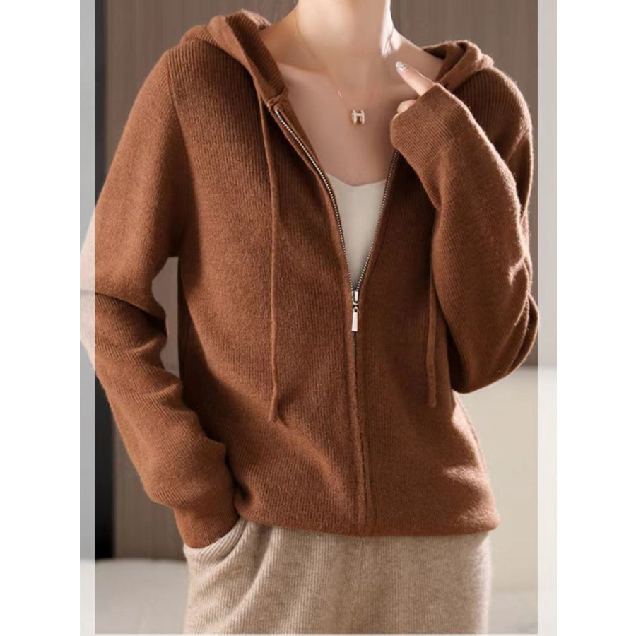 Drawstring Zip Up Long Sleeve Hooded Sweater Caramel / One Size Apparel and Accessories