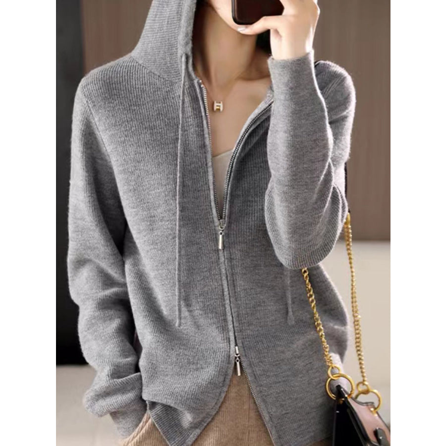 Drawstring Zip Up Long Sleeve Hooded Sweater Gray / One Size Apparel and Accessories