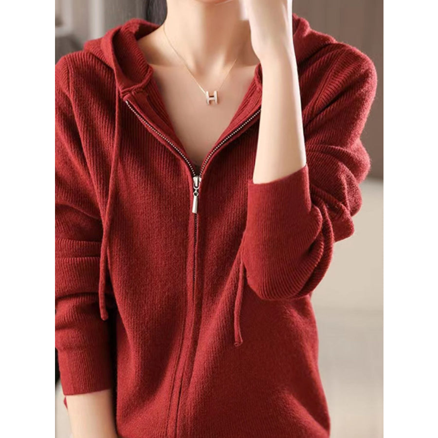 Drawstring Zip Up Long Sleeve Hooded Sweater Scarlet / One Size Apparel and Accessories