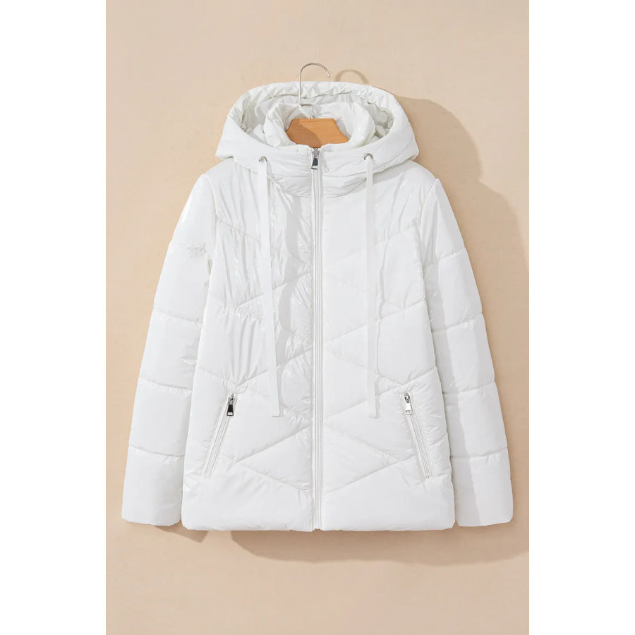 Drawstring Zip Up Long Sleeve Hooded Winter Coat White / S Apparel and Accessories