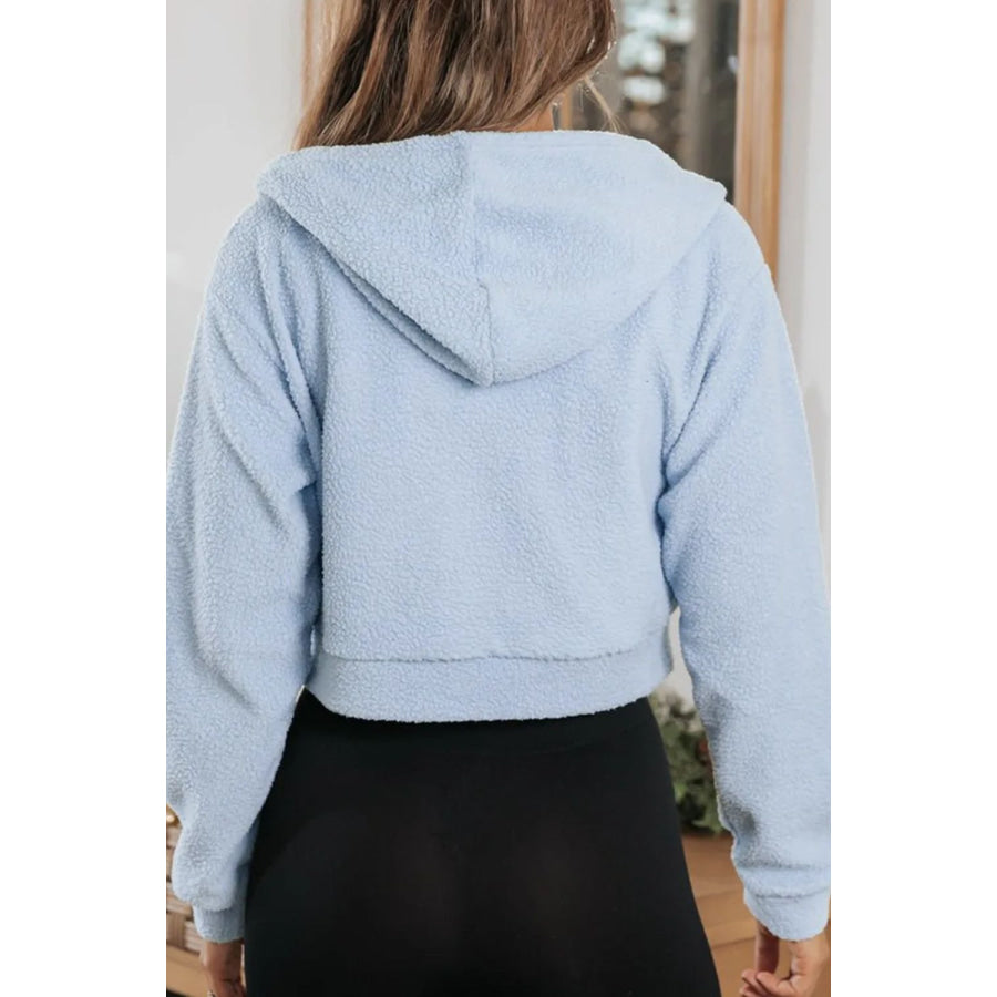 Drawstring Zip Up Long Sleeve Hoodie Light Blue / S Apparel and Accessories