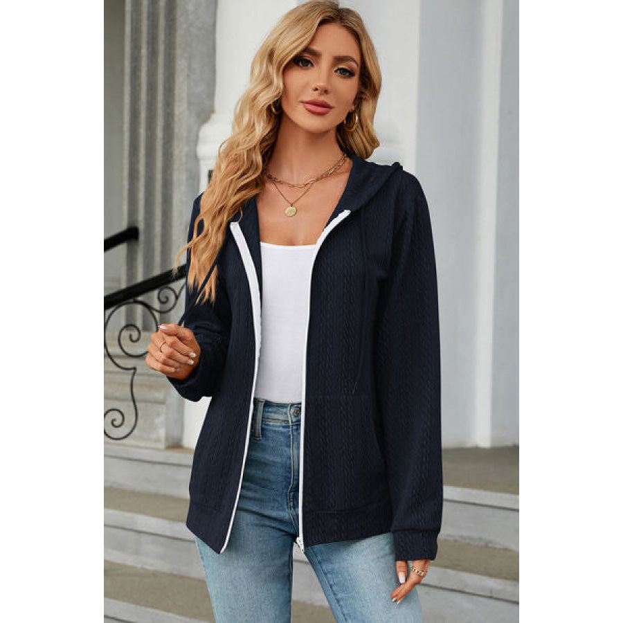 Drawstring Zip Up Long Sleeve Hoodie Apparel and Accessories