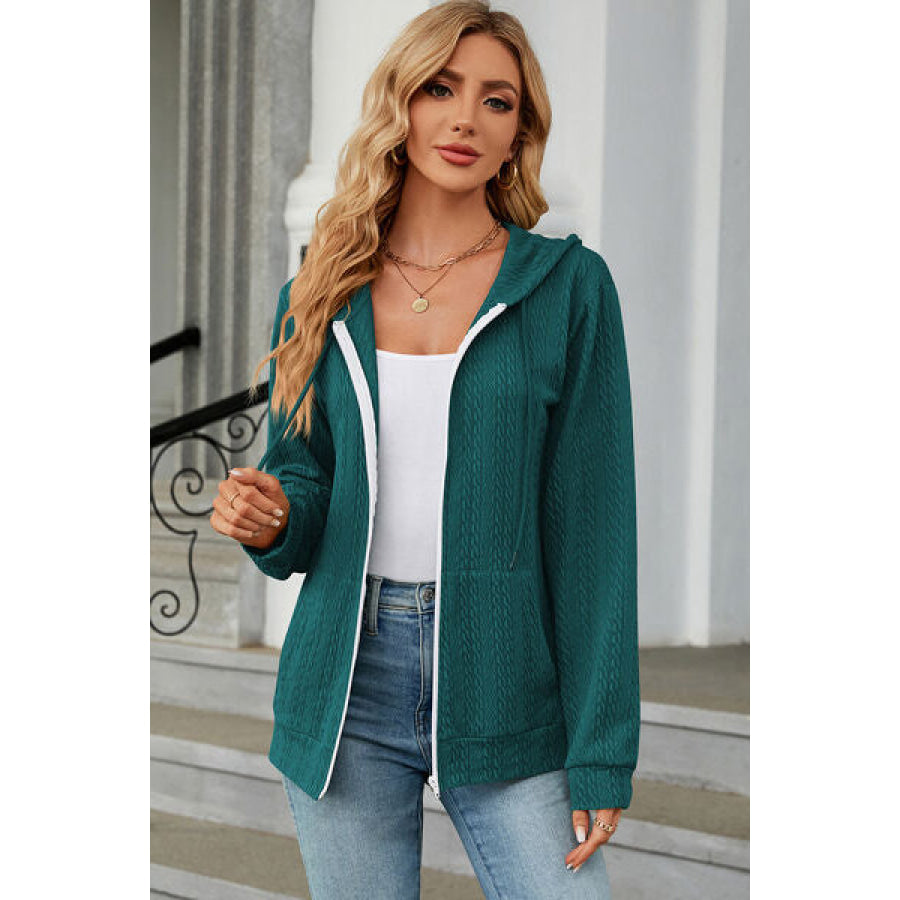 Drawstring Zip Up Long Sleeve Hoodie Teal / S Apparel and Accessories