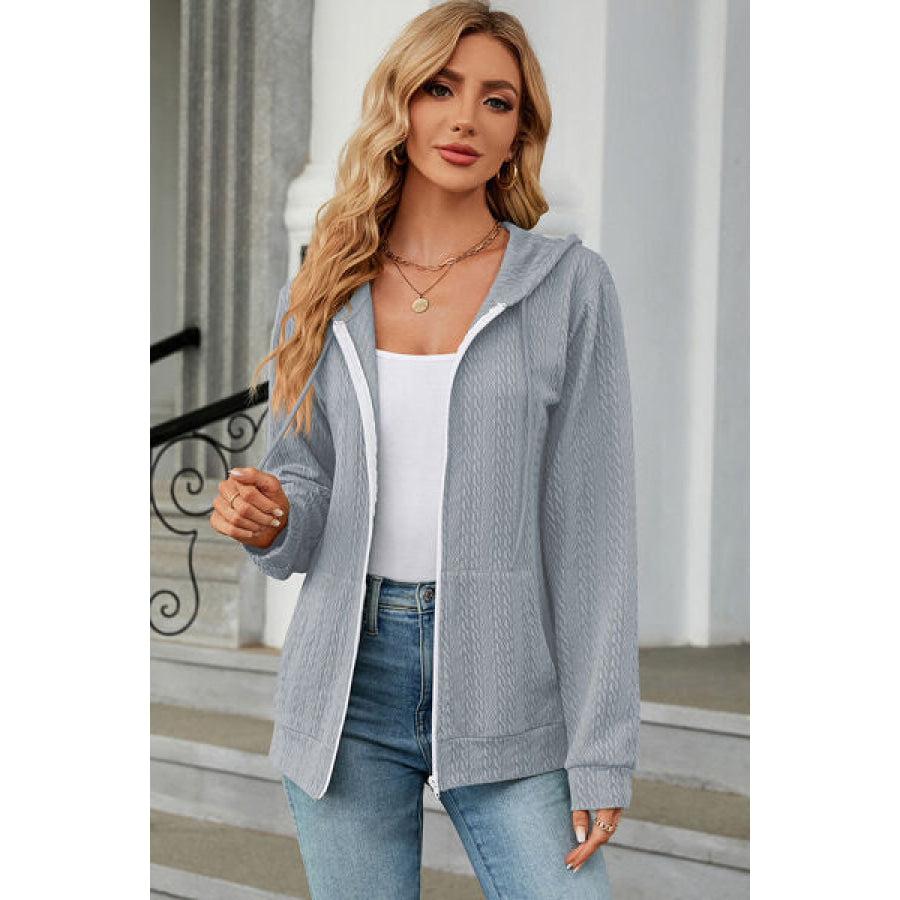 Drawstring Zip Up Long Sleeve Hoodie Misty Blue / S Apparel and Accessories
