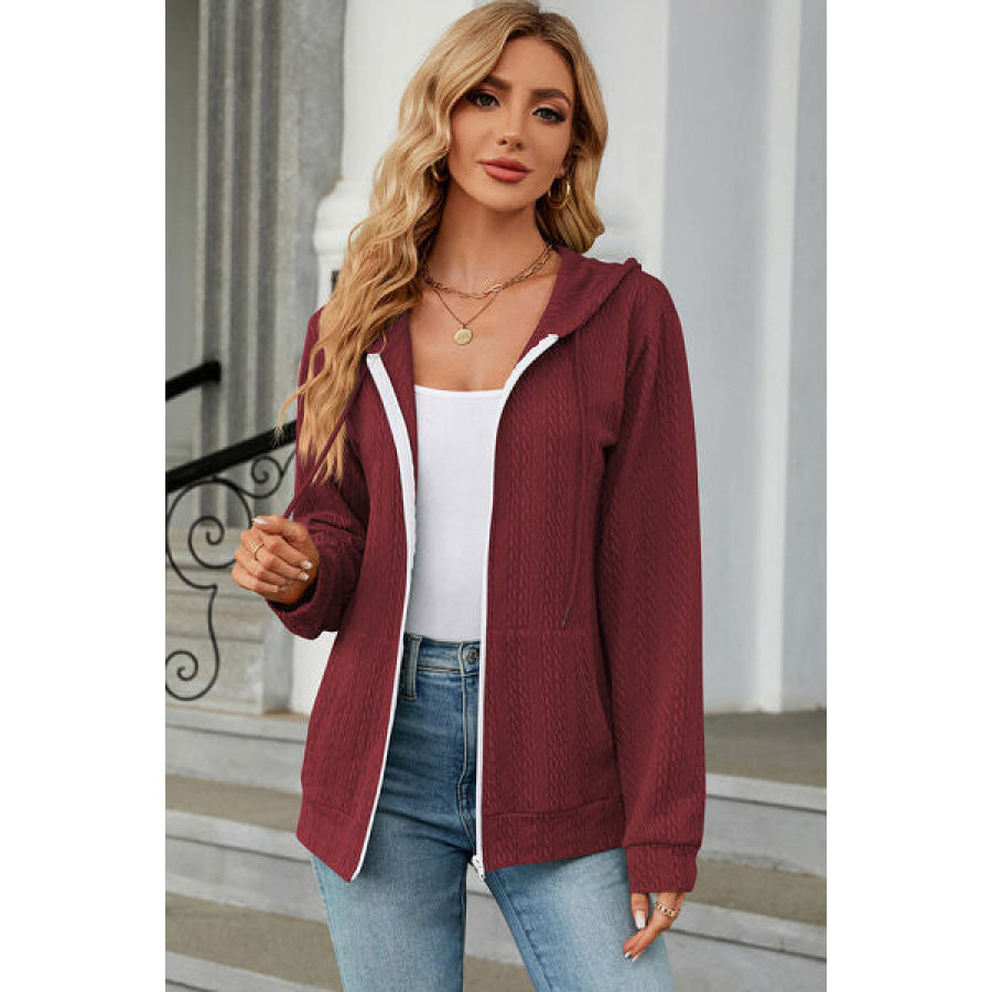 Drawstring Zip Up Long Sleeve Hoodie Wine / S Apparel and Accessories