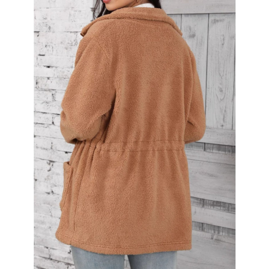 Drawstring Zip Up Long Sleeve Outerwear Caramel / S Apparel and Accessories