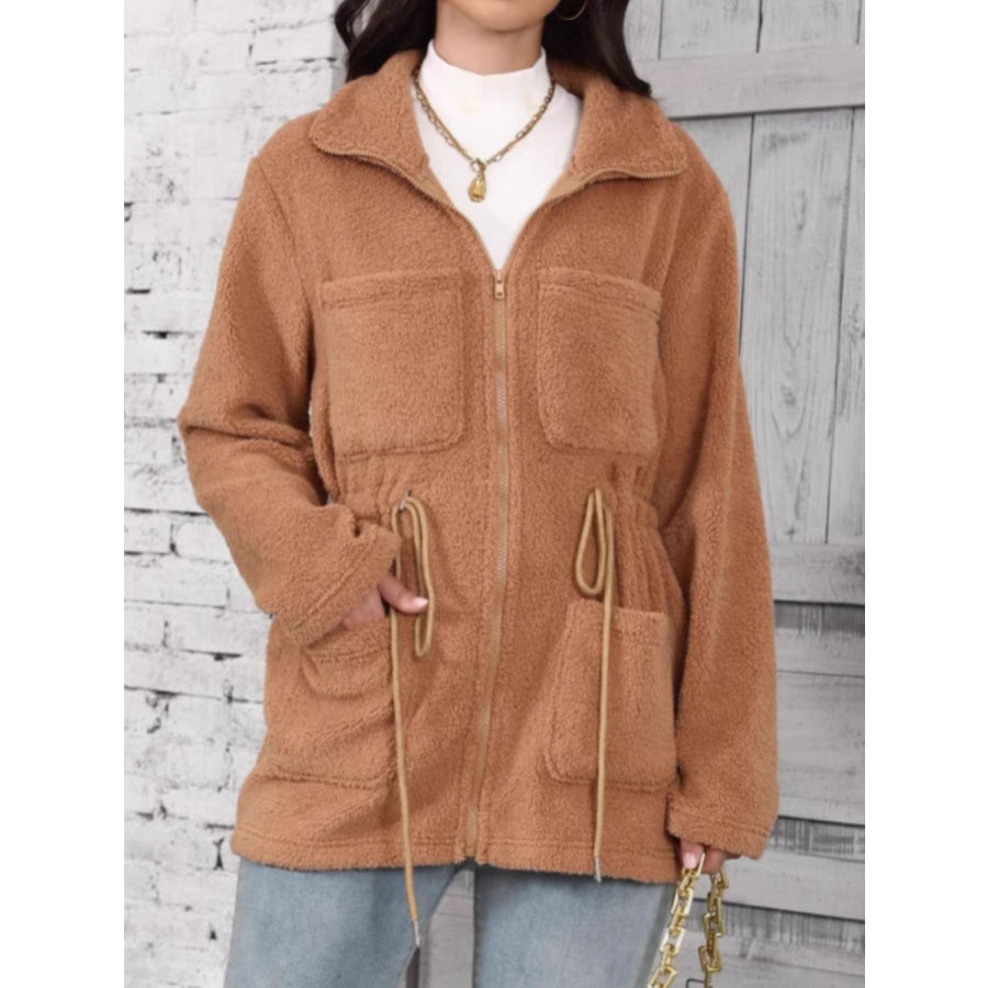 Drawstring Zip Up Long Sleeve Outerwear Caramel / S Apparel and Accessories