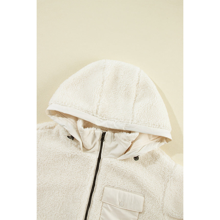 Drawstring Zip Up Sherpa Jacket with Removable Hood Apparel and Accessories