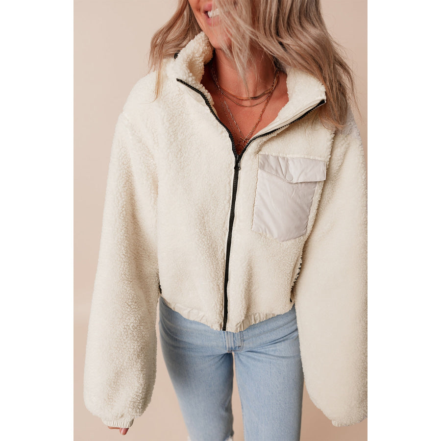 Drawstring Zip Up Sherpa Jacket with Removable Hood Apparel and Accessories