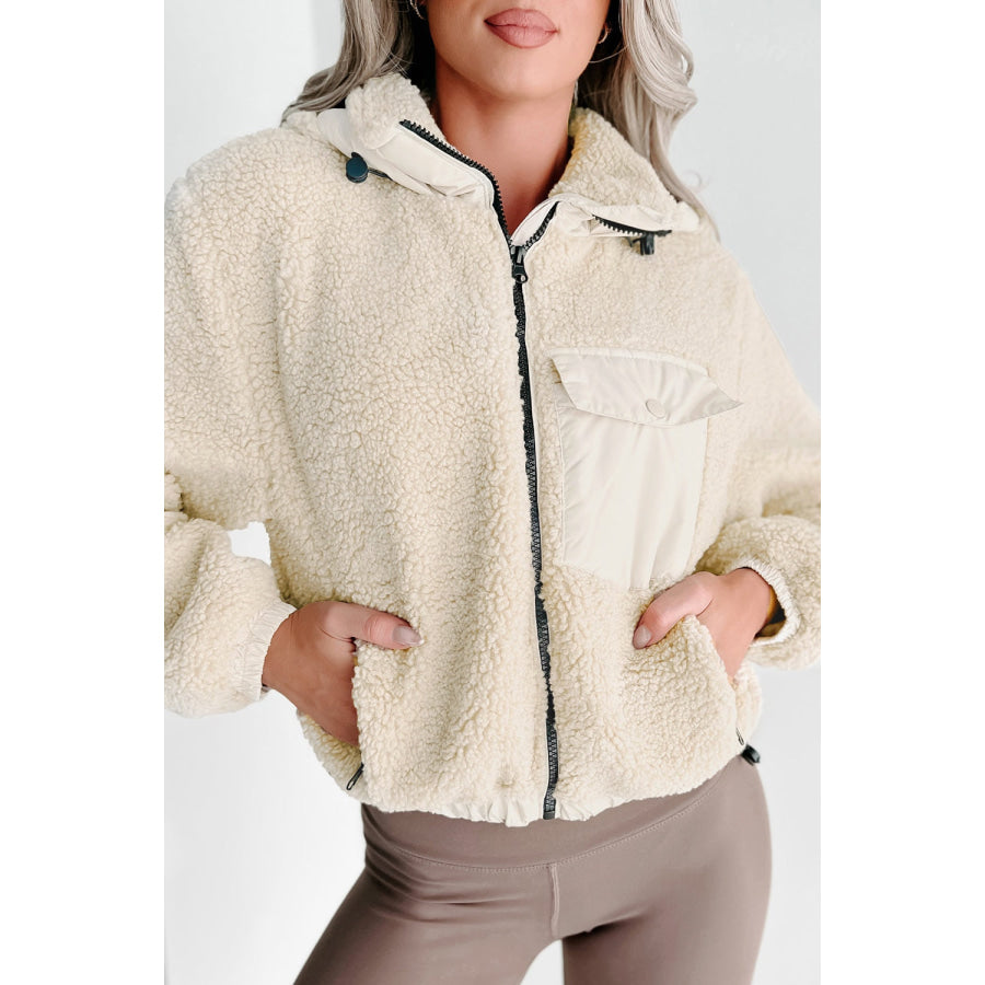 Drawstring Zip Up Sherpa Jacket with Removable Hood Apparel and Accessories