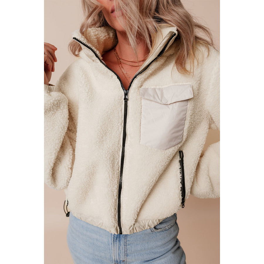 Drawstring Zip Up Sherpa Jacket with Removable Hood Apparel and Accessories