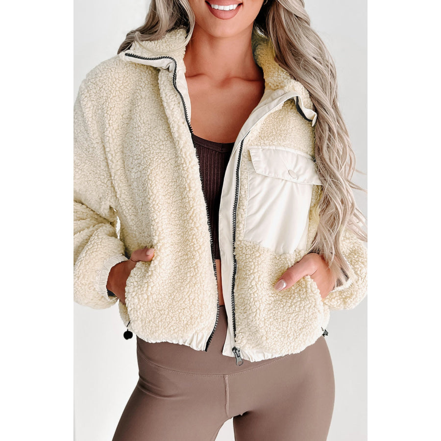 Drawstring Zip Up Sherpa Jacket with Removable Hood Cream / S Apparel and Accessories